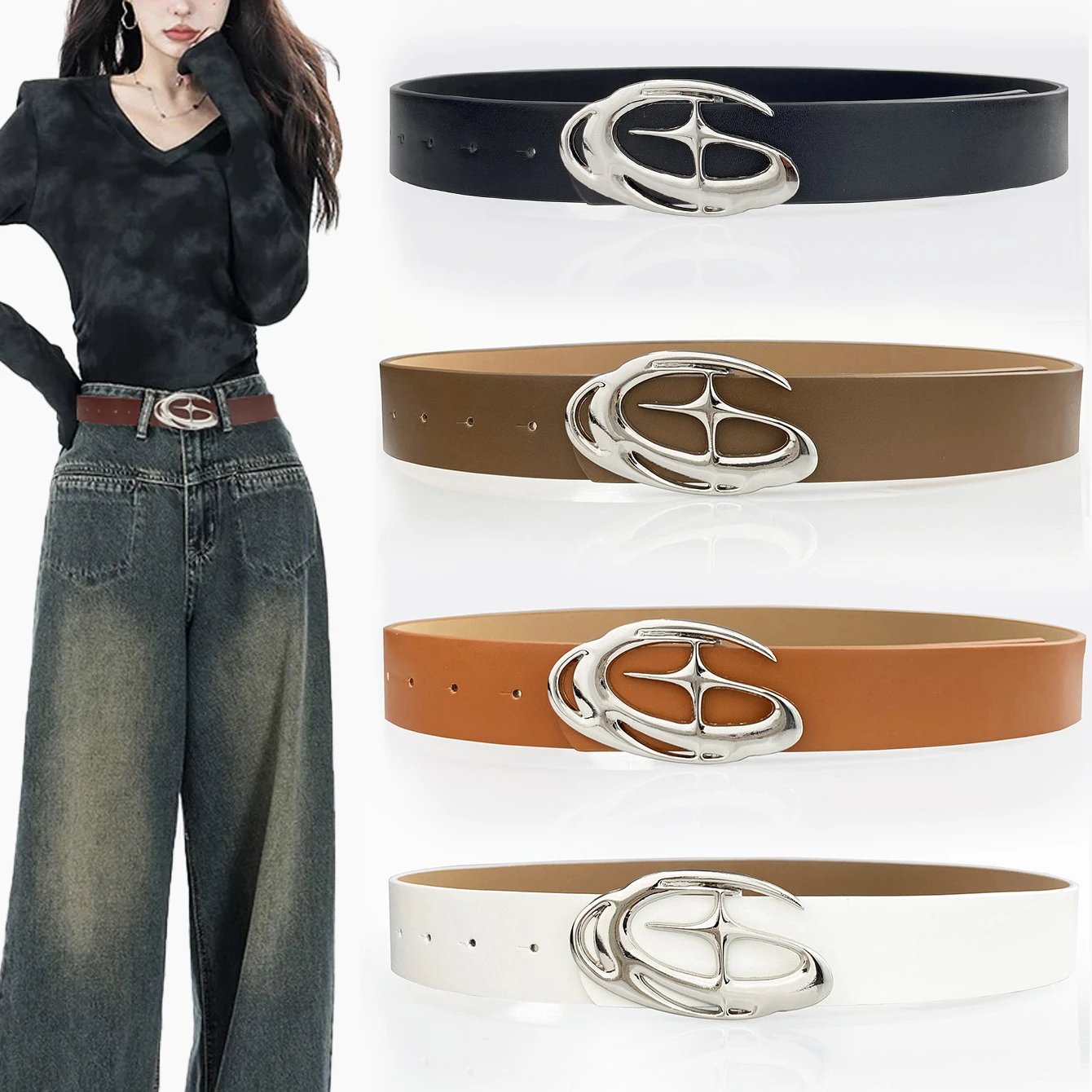 Women's Wide Leather Belt with Silver Abstract Oval Buckle