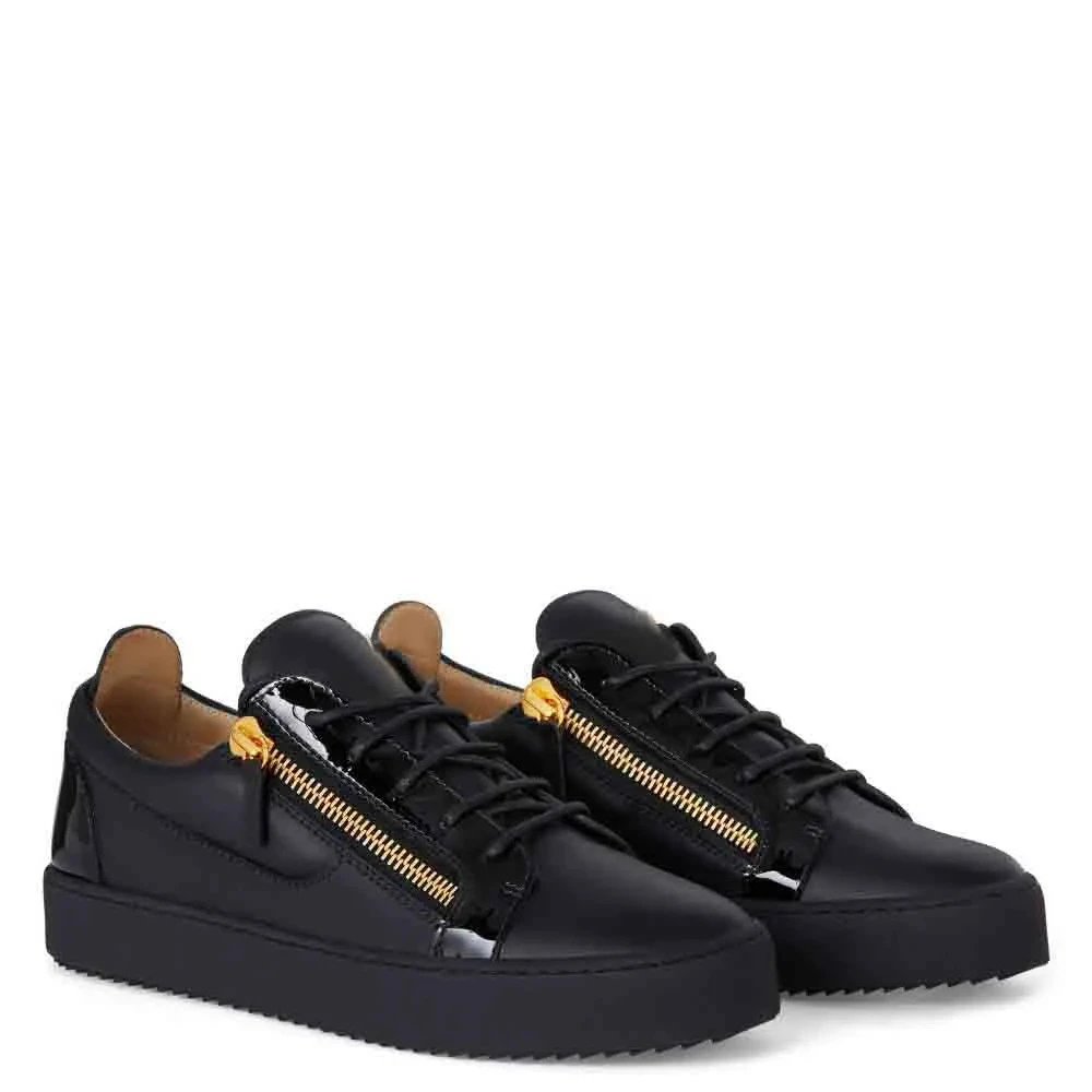 Leather Low-Top Sneakers with Side Zipper and Patent Toe Cap