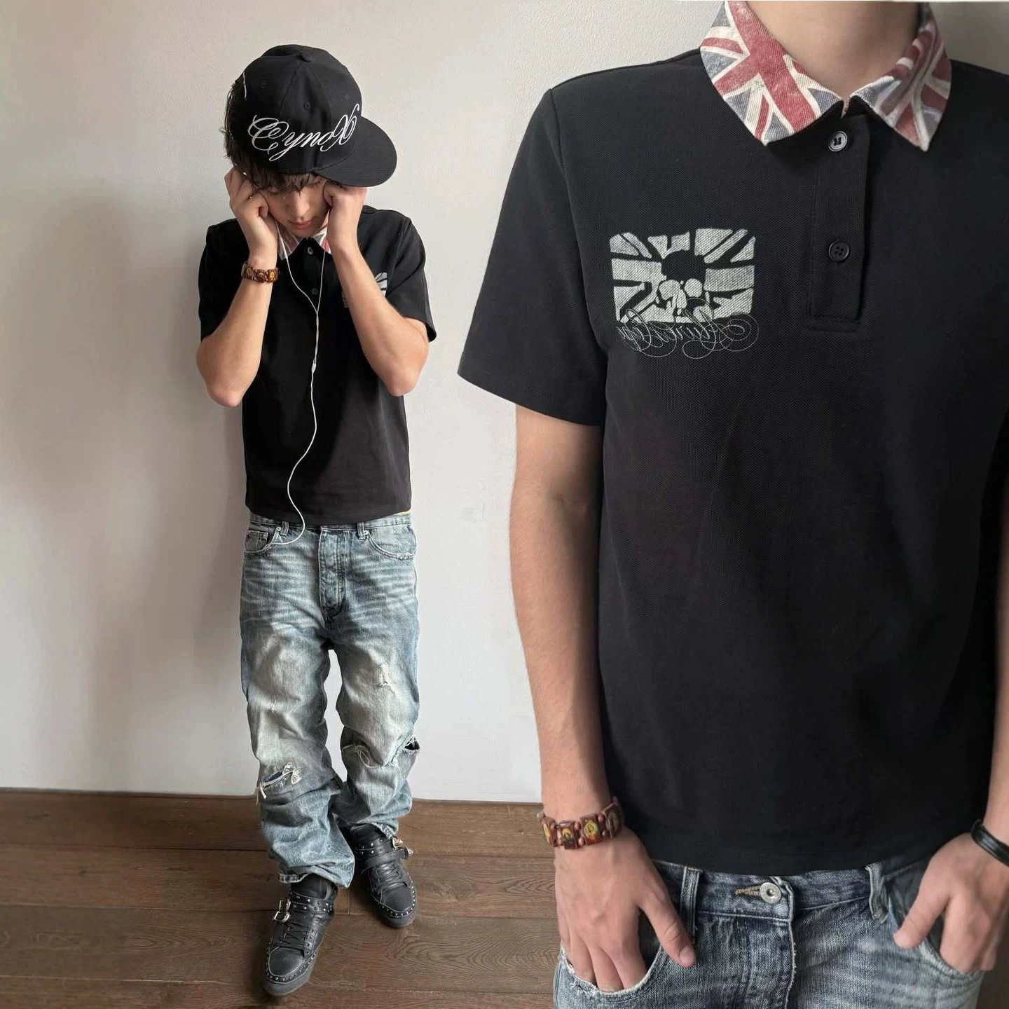 Men's Black Short Sleeve Polo Shirt with Union Jack Collar and Skull Graphic