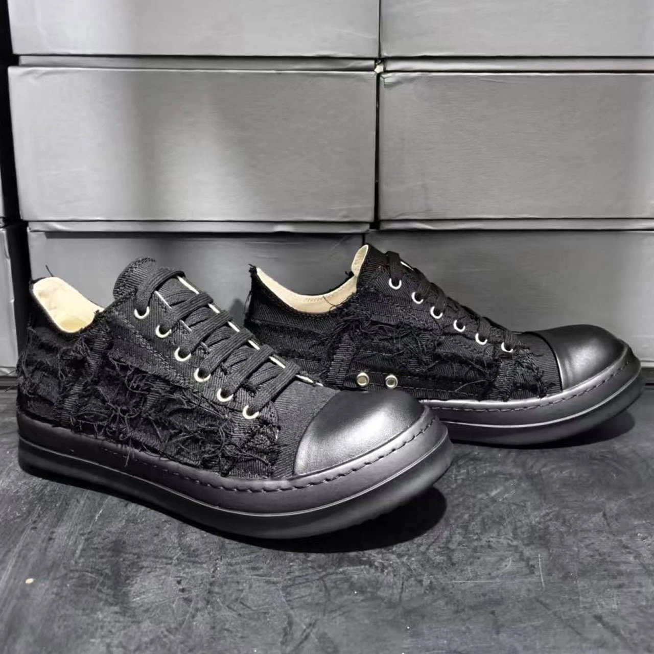 Rick Owens Black Frayed Canvas High-Top Sneaker with Rubber Toe Cap