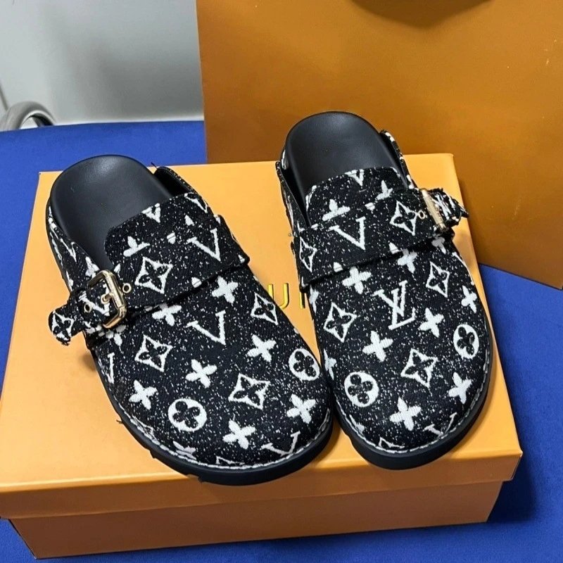 Louis Vuitton Monogram Canvas and Denim Buckle Mule Slides