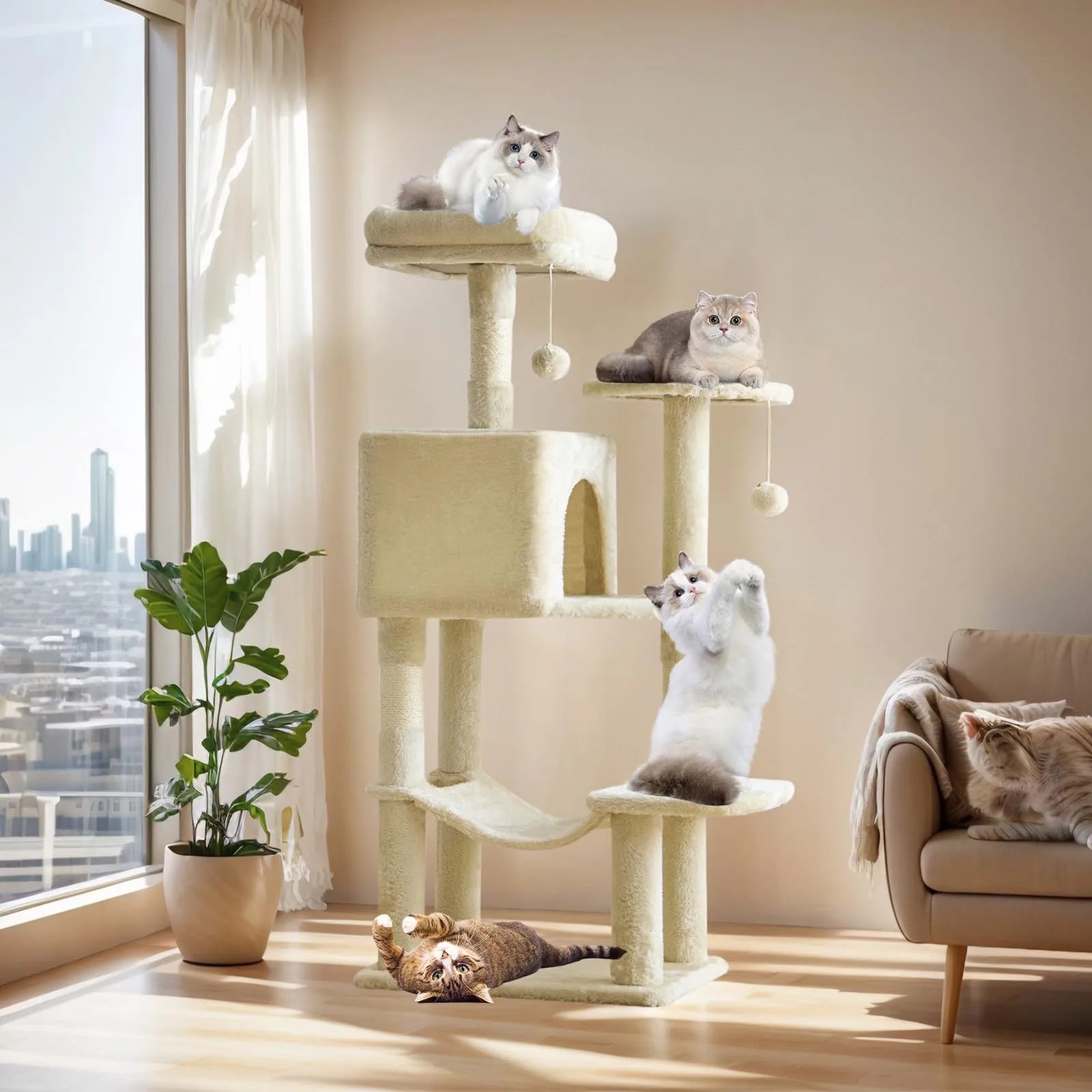 Tall Multi-Level Cat Tree Condo with Hammock and Sisal Scratching Posts