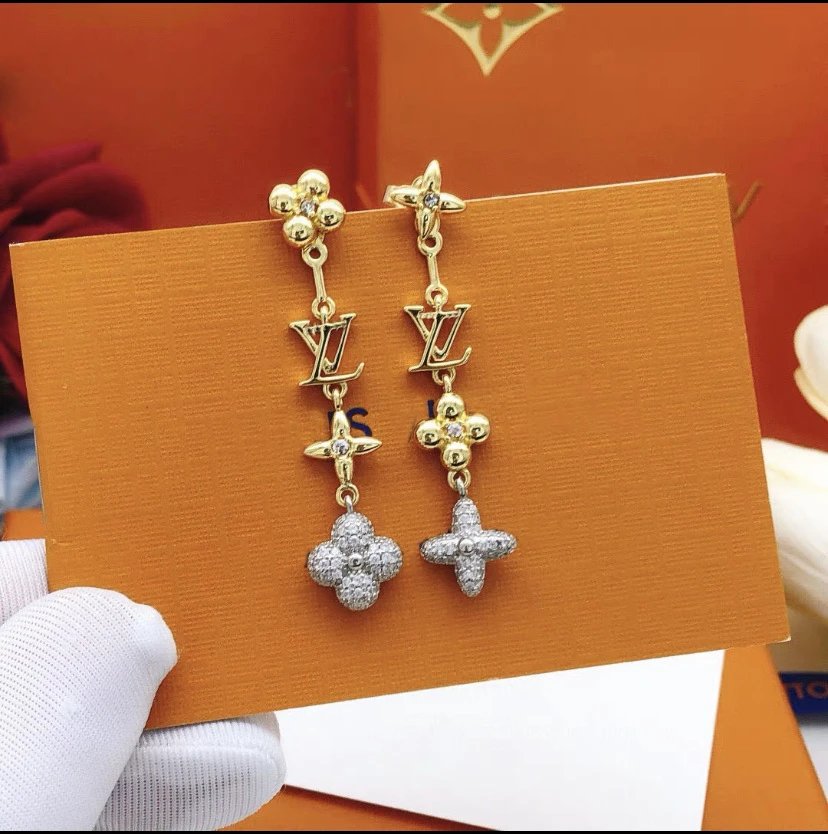 Louis Vuitton Gold Tone Drop Earrings with LV Logo and Crystal Flower Charms
