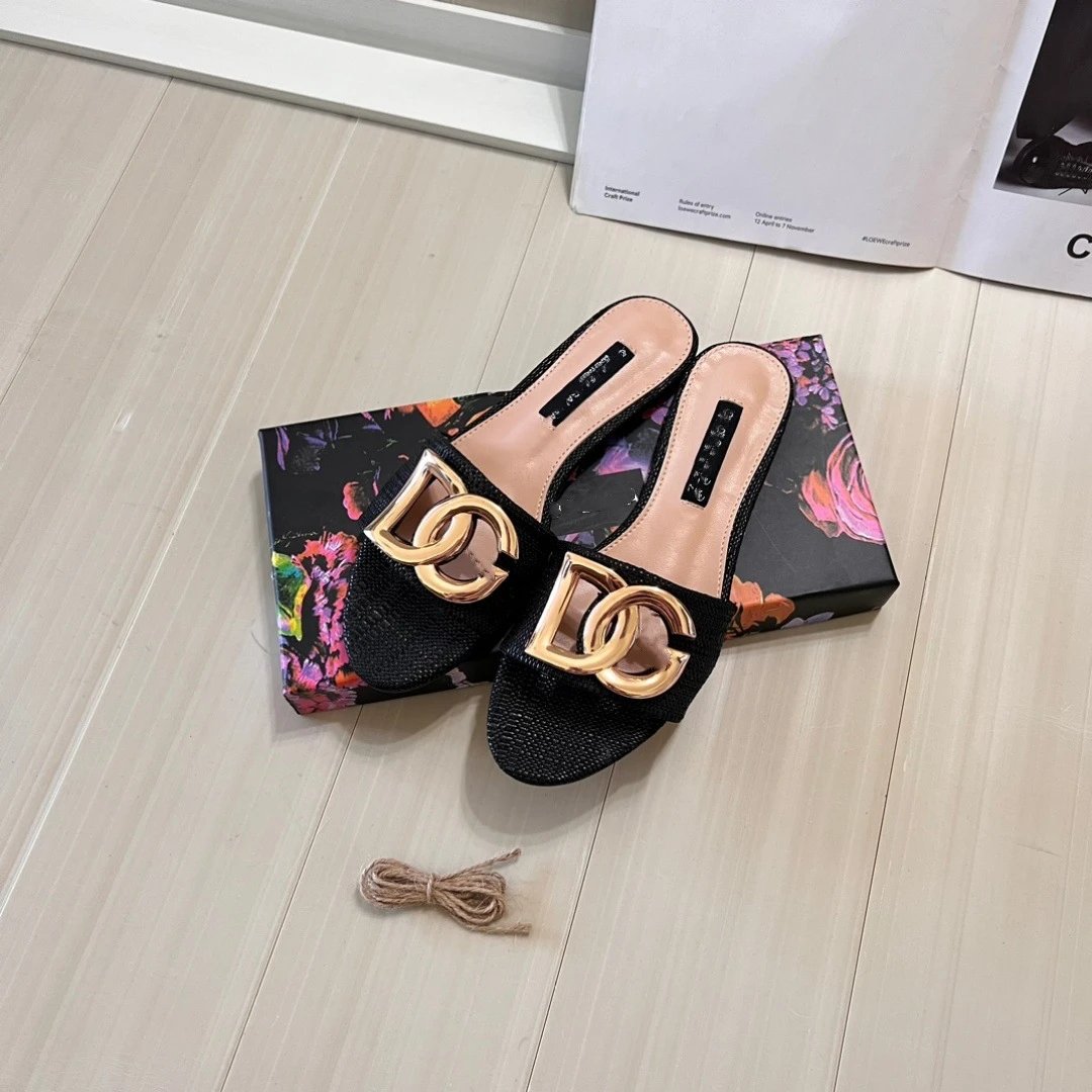 Women's Metallic Textured Slide Sandals with Gold Letter Buckle