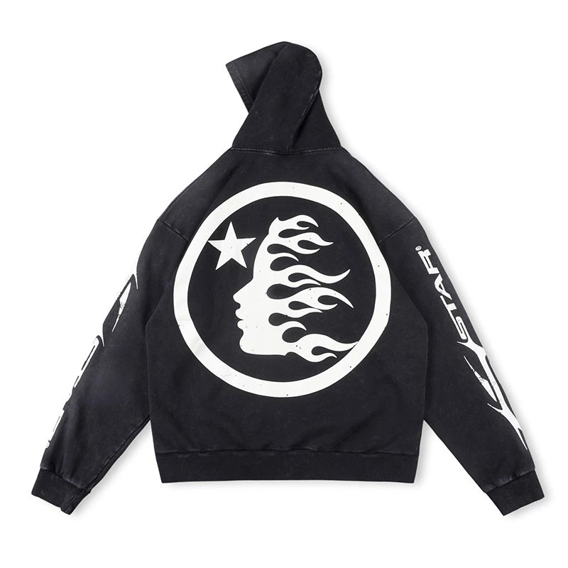 Hellstar Graphic Zip-Up Hoodie with Flame and Camo Prints