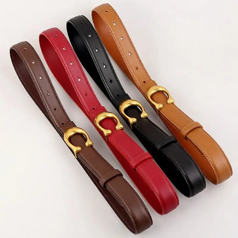 Women's Slim Belt with Gold Tone C Buckle in Leather and Suede