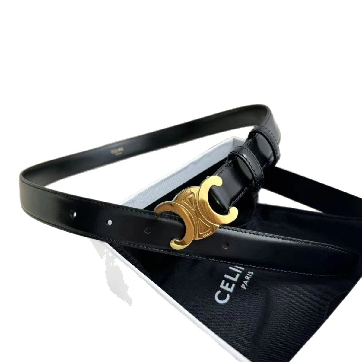 Celine Black Leather Belt with Gold Triomphe Buckle