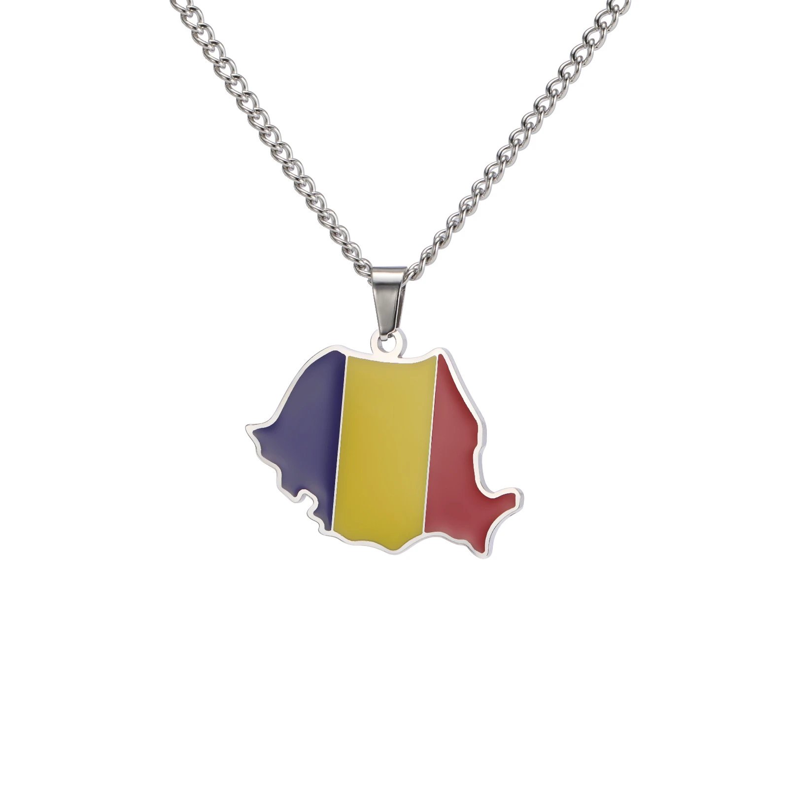 Enamel Country Map Outline Flag Pendant Necklace on Rope Chain