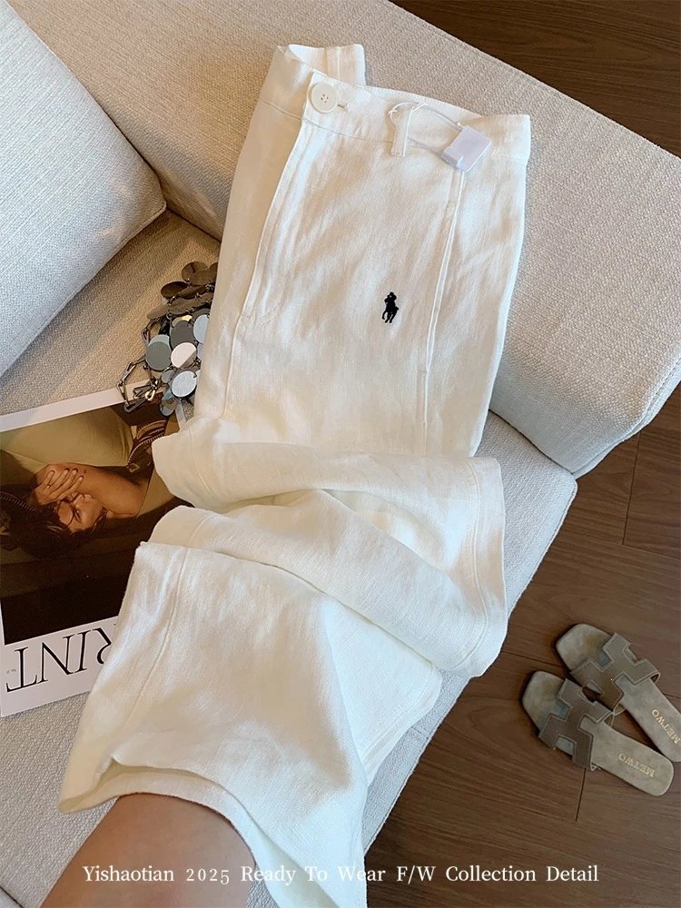 Polo Ralph Lauren White Linen Wide-Leg Trousers with Pony Logo