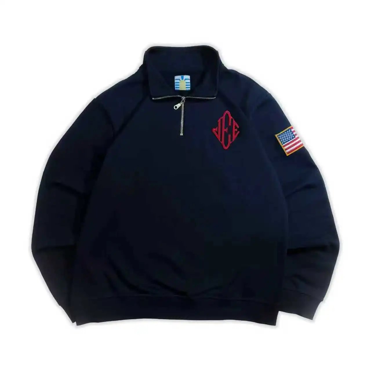 Navy Quarter-Zip Sweatshirt with Red Monogram and Flag Patch
