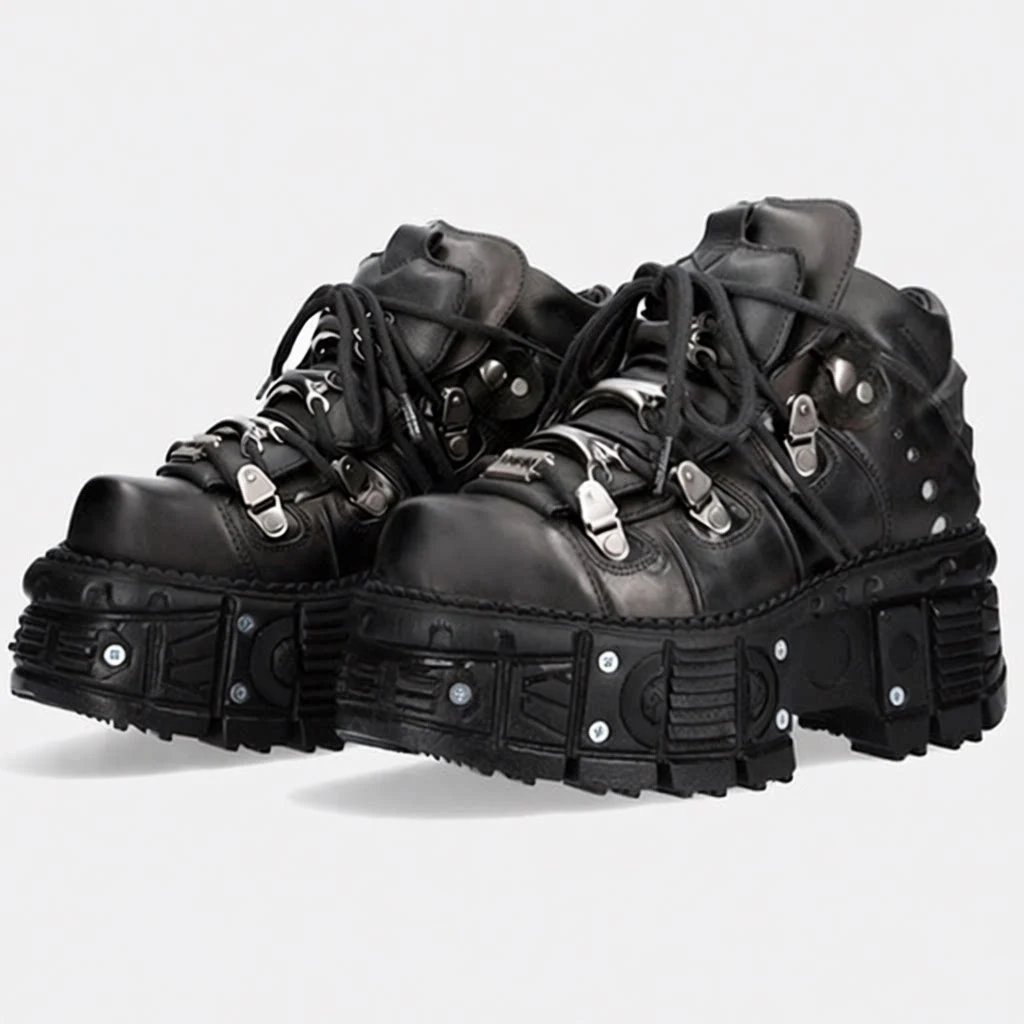 Black Leather Platform Boots with Flame Hardware and Studs