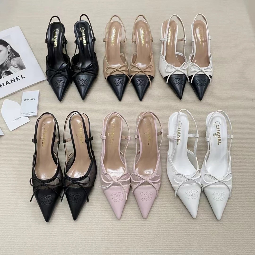 Chanel Pointed Toe Slingback Pumps with Bow and CC Logo