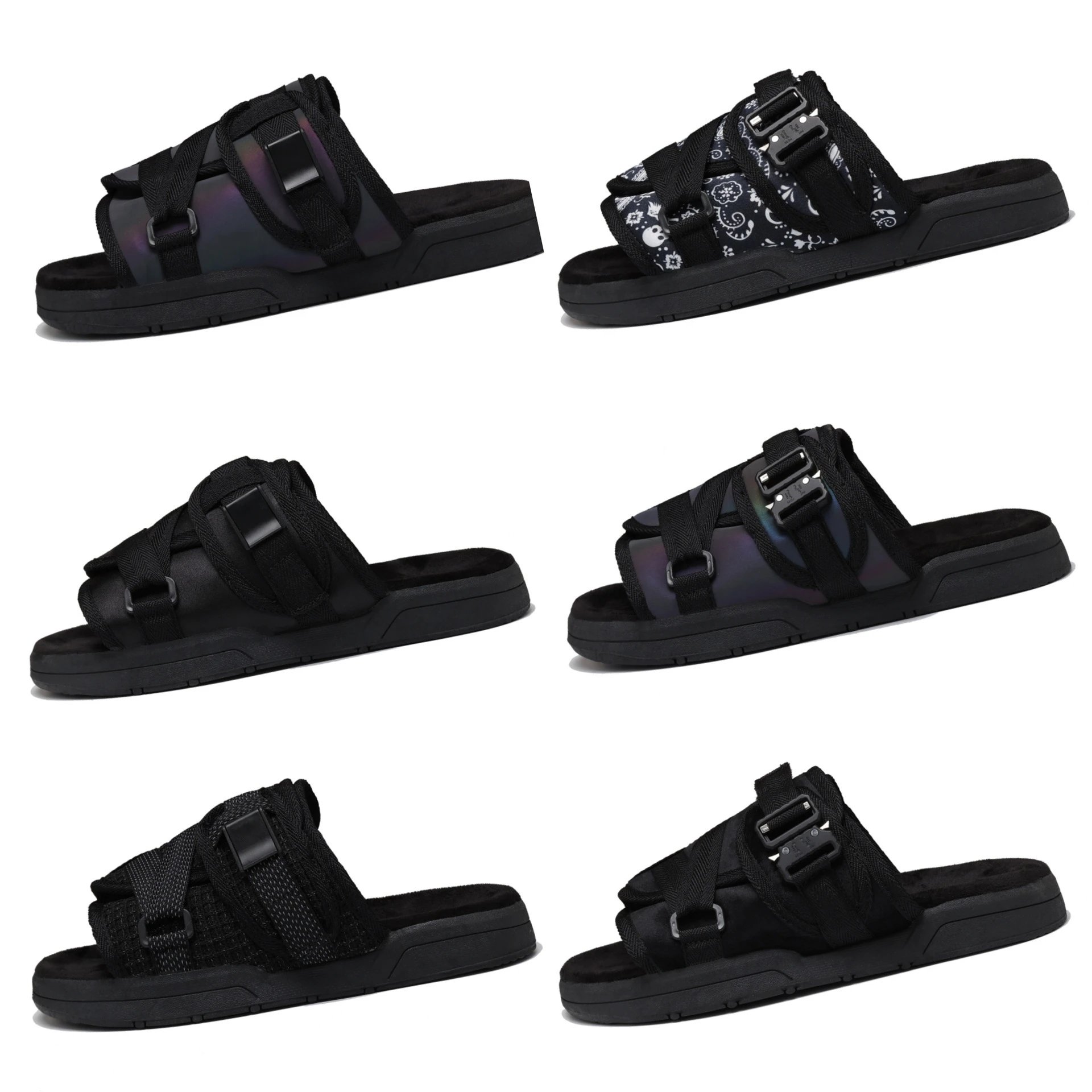 N.IUBIS Men's Black Webbing Slide Sandals with Adjustable Buckle Strap