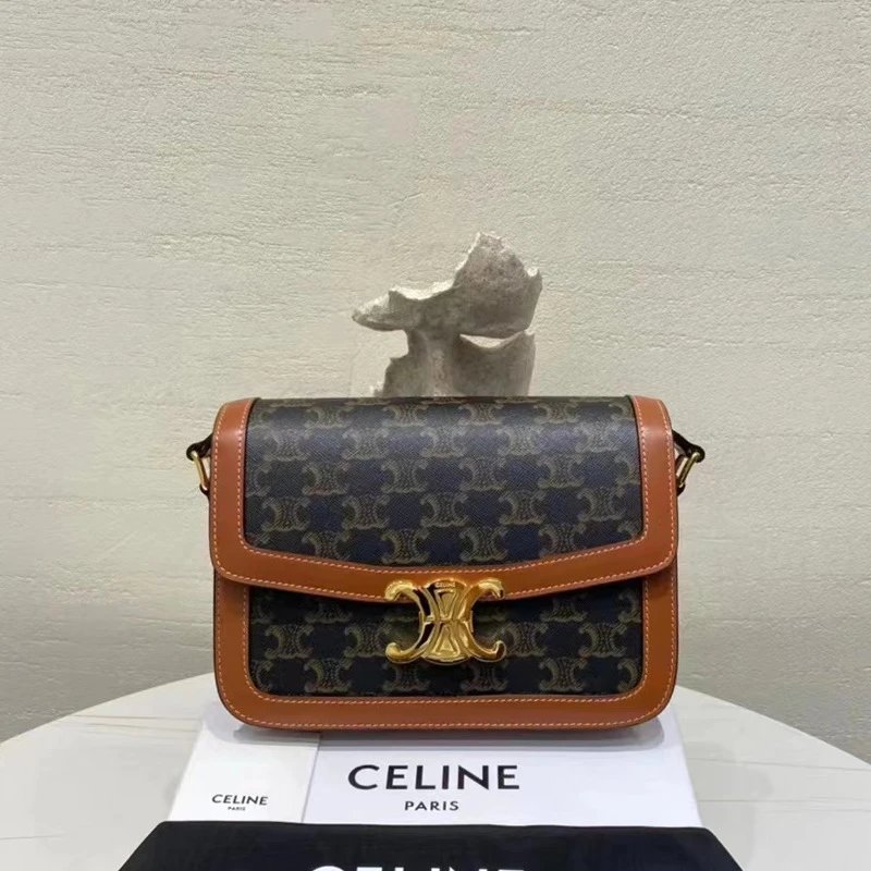 Celine Triomphe Shoulder Bag in Monogram Canvas with Tan Leather Trim