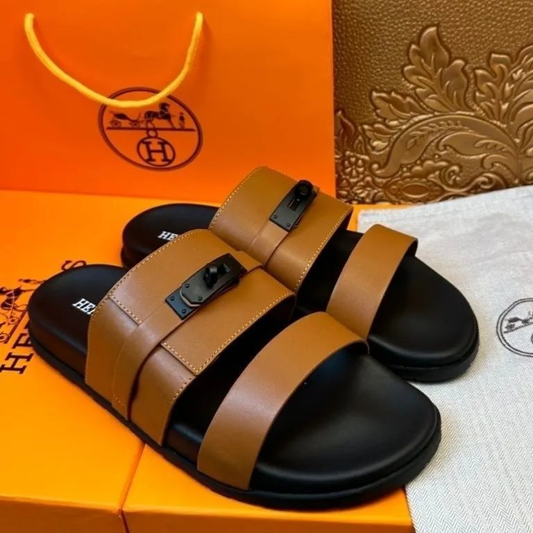 Herm&egrave;s Men's Leather Double Strap Slide Sandals with Metal Hardware