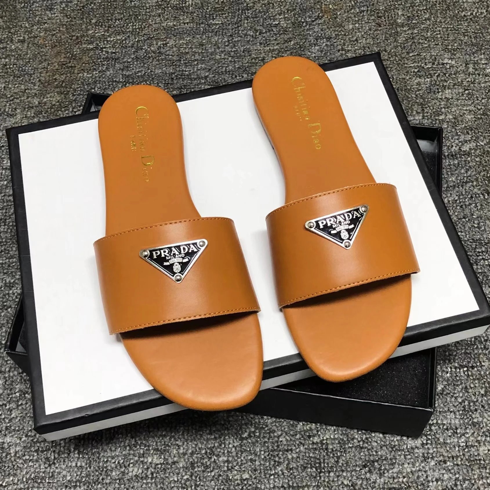 Prada Leather Slide Sandals with Triangle Logo Plaque