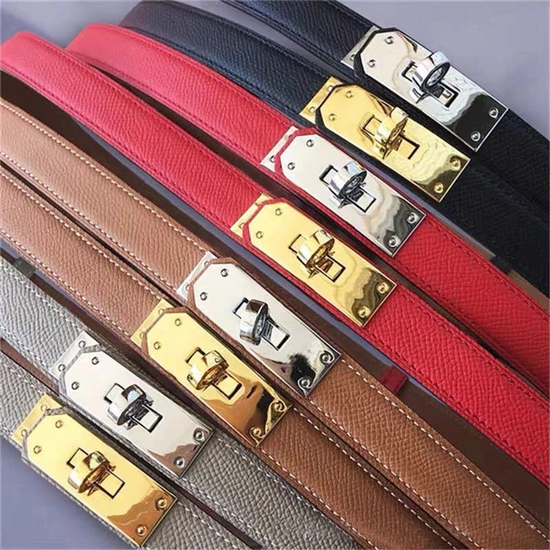 Women's Thin Textured Leather Belt with Rectangular Turn-Lock Clasp