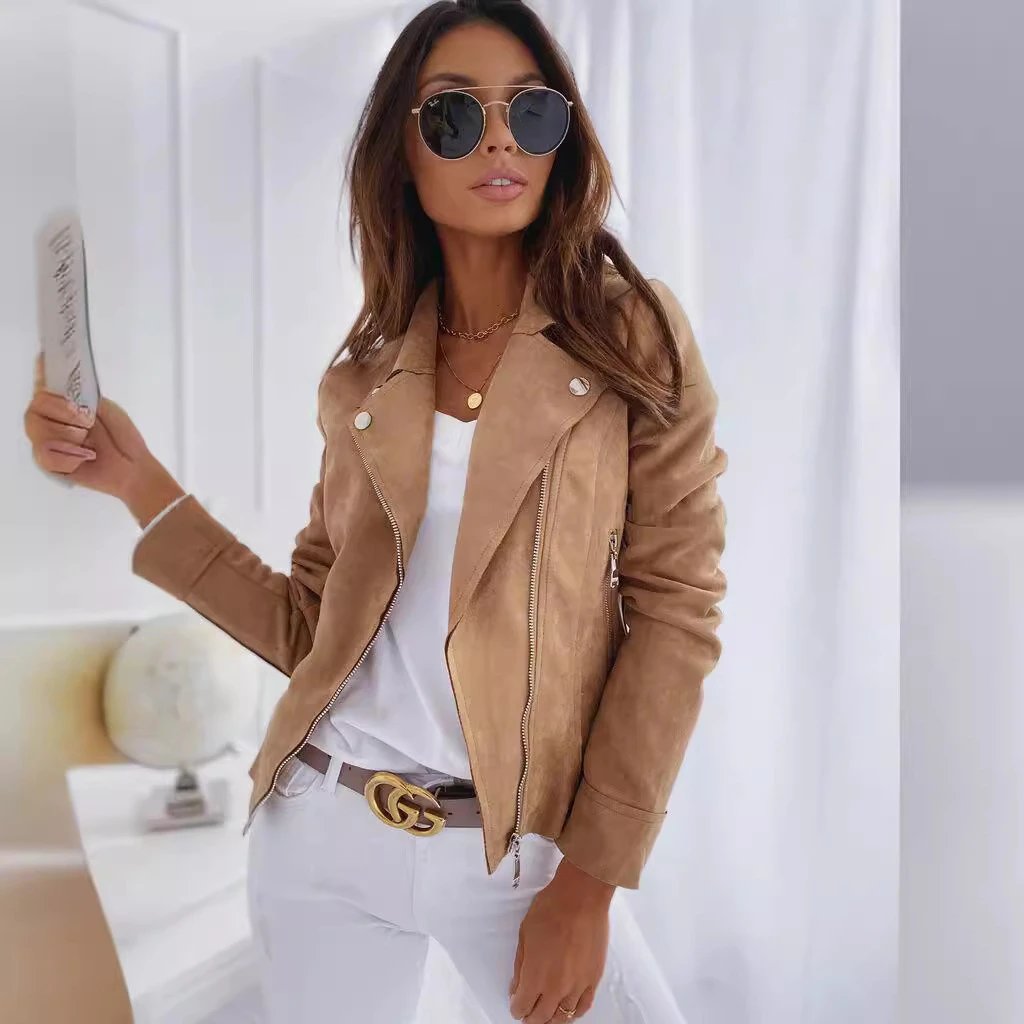 Women's Faux Suede Moto Jacket with Snap Lapel and Zip Front