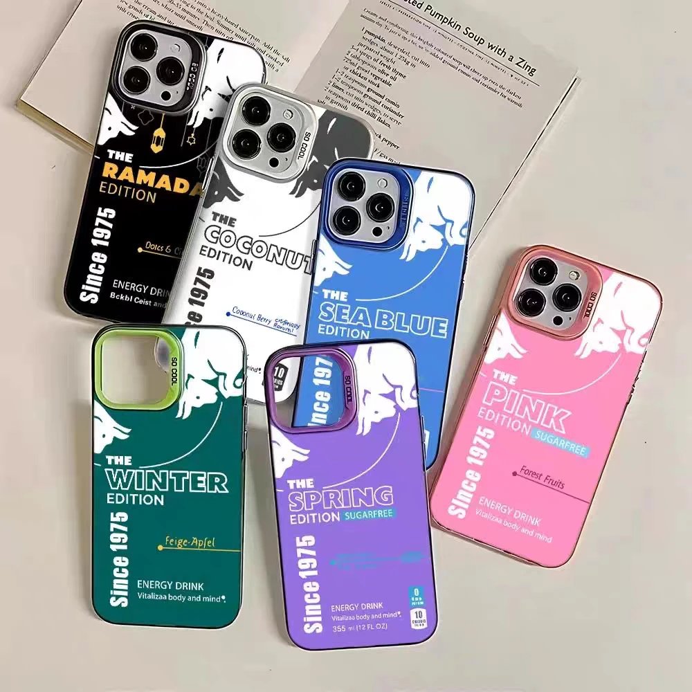 Retro Energy Drink Themed Hard Phone Case With Colored Camera Ring
