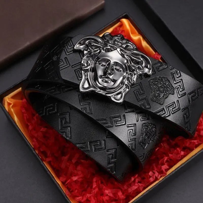 Versace Black Embossed Greek Key Leather Belt with Medusa Head Buckle