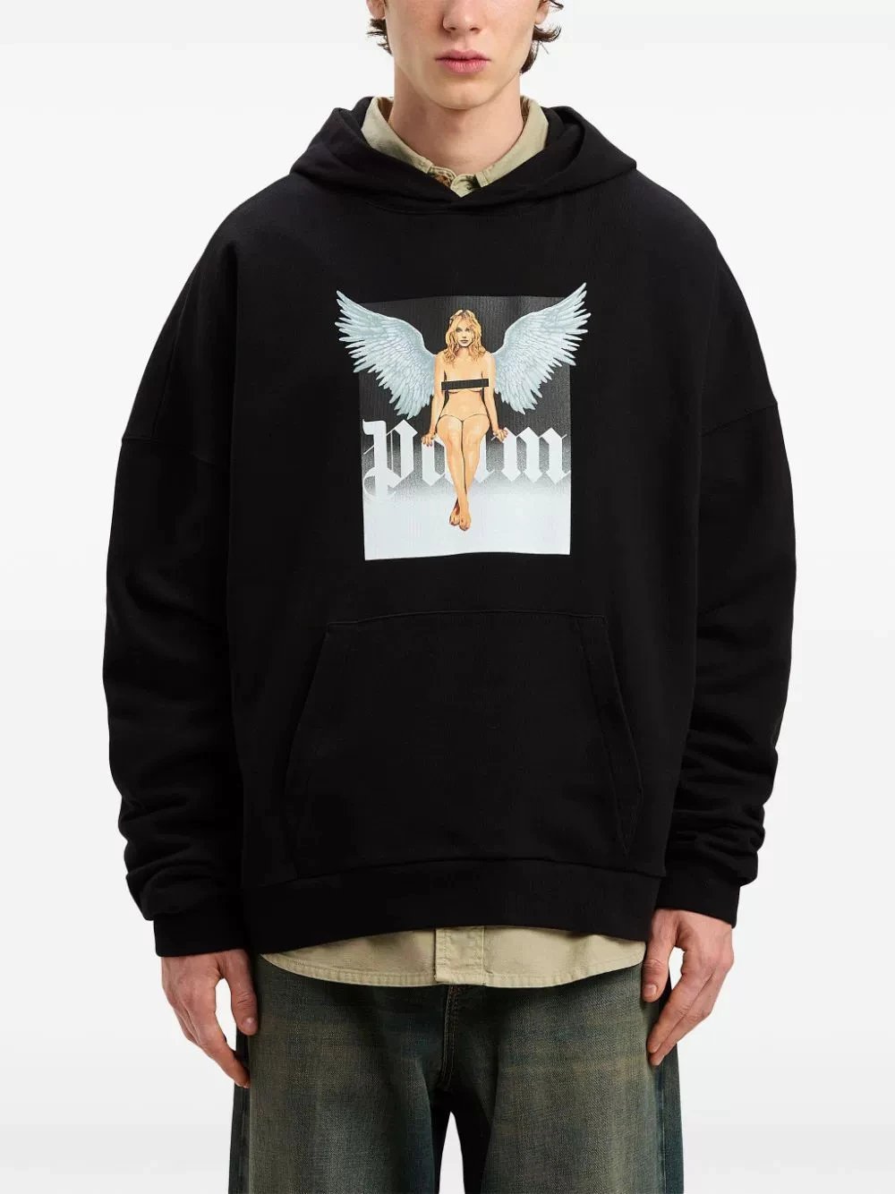 Amiri Black Pullover Hoodie with Angel Wing Graphic Print
