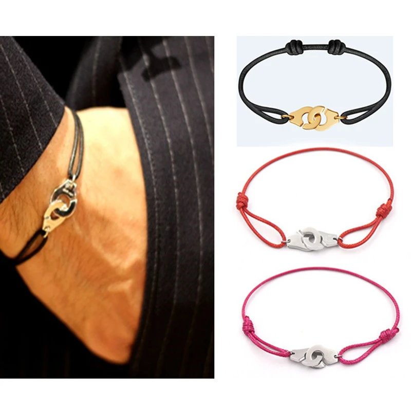 Unisex Adjustable Cord Bracelet with Interlocking Handcuff Charm