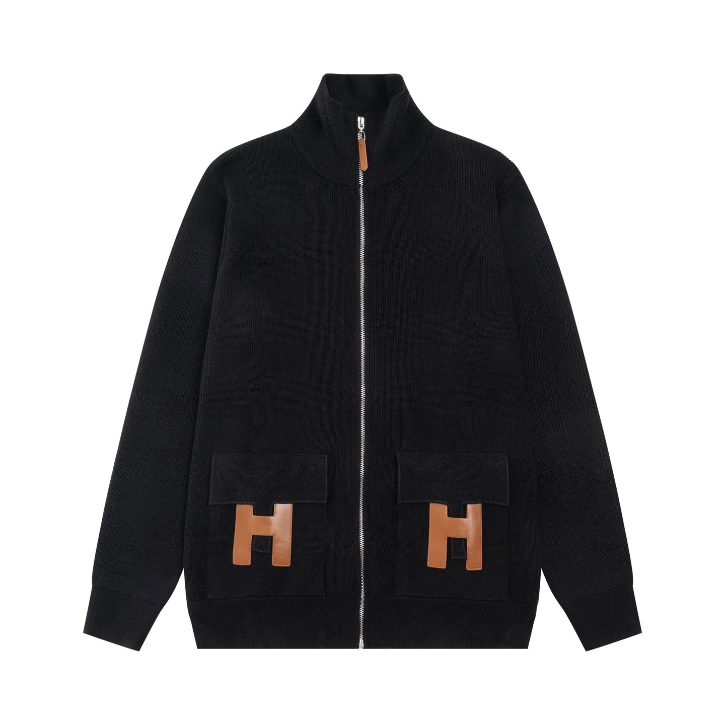 Herm&egrave;s Black Corduroy Zip-Up Jacket with Leather H Patches