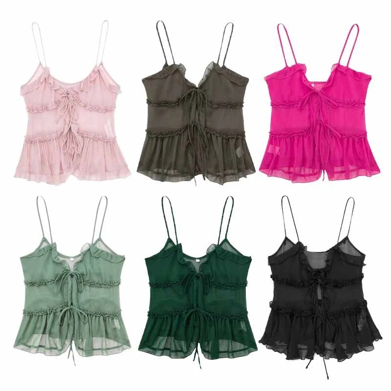 Sheer Ruffled Tie Front Spaghetti Strap Camisole Top