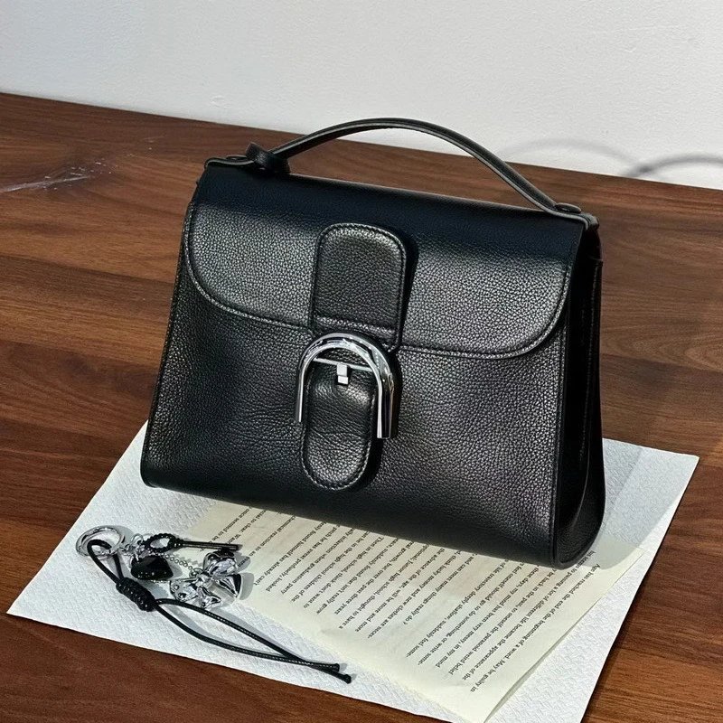 Pebbled Leather Top Handle Bag with Silver D-Ring Buckle Closure