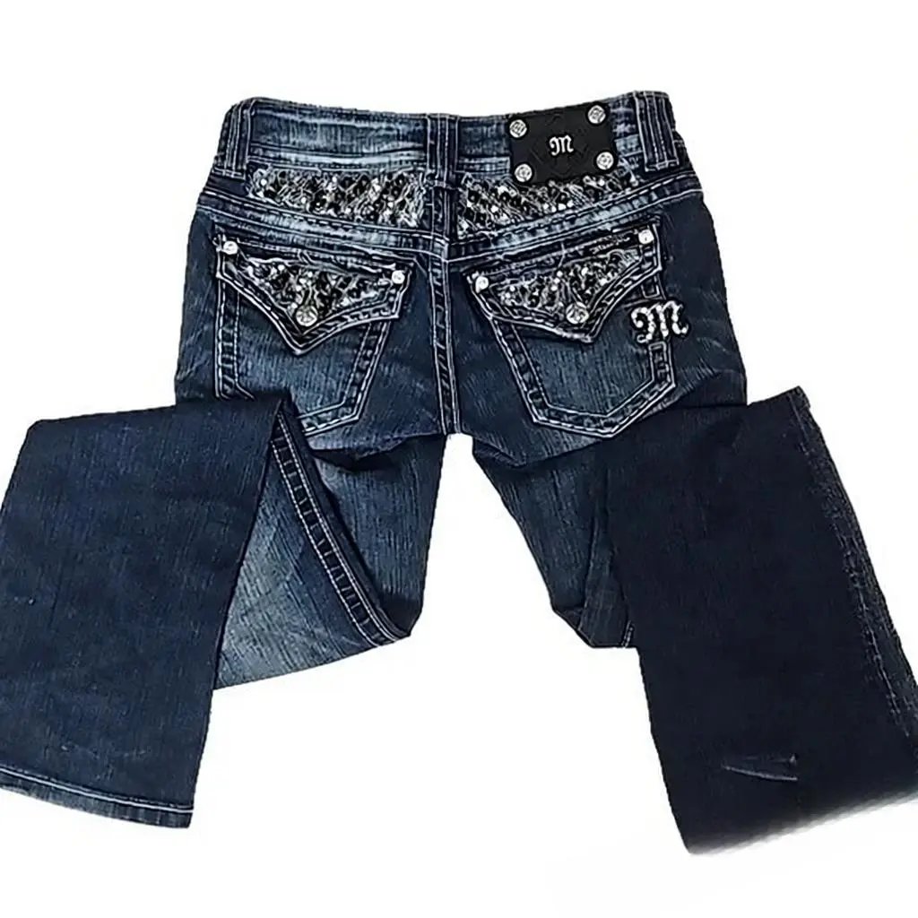 Women's Low Rise Rhinestone Embellished Back Pocket Jeans