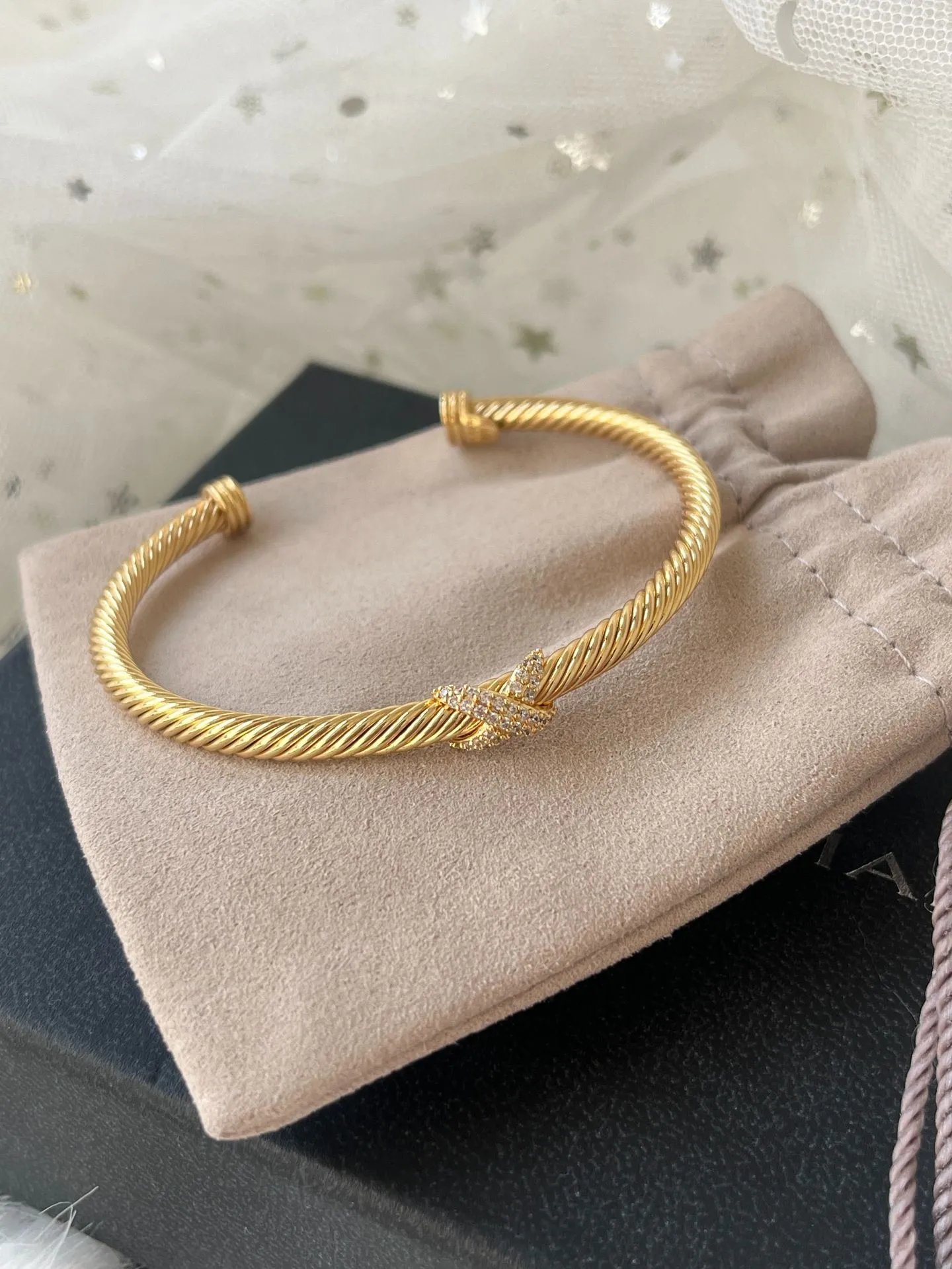 Open End Twisted Cable Cuff Bracelet with Central Knot Detail