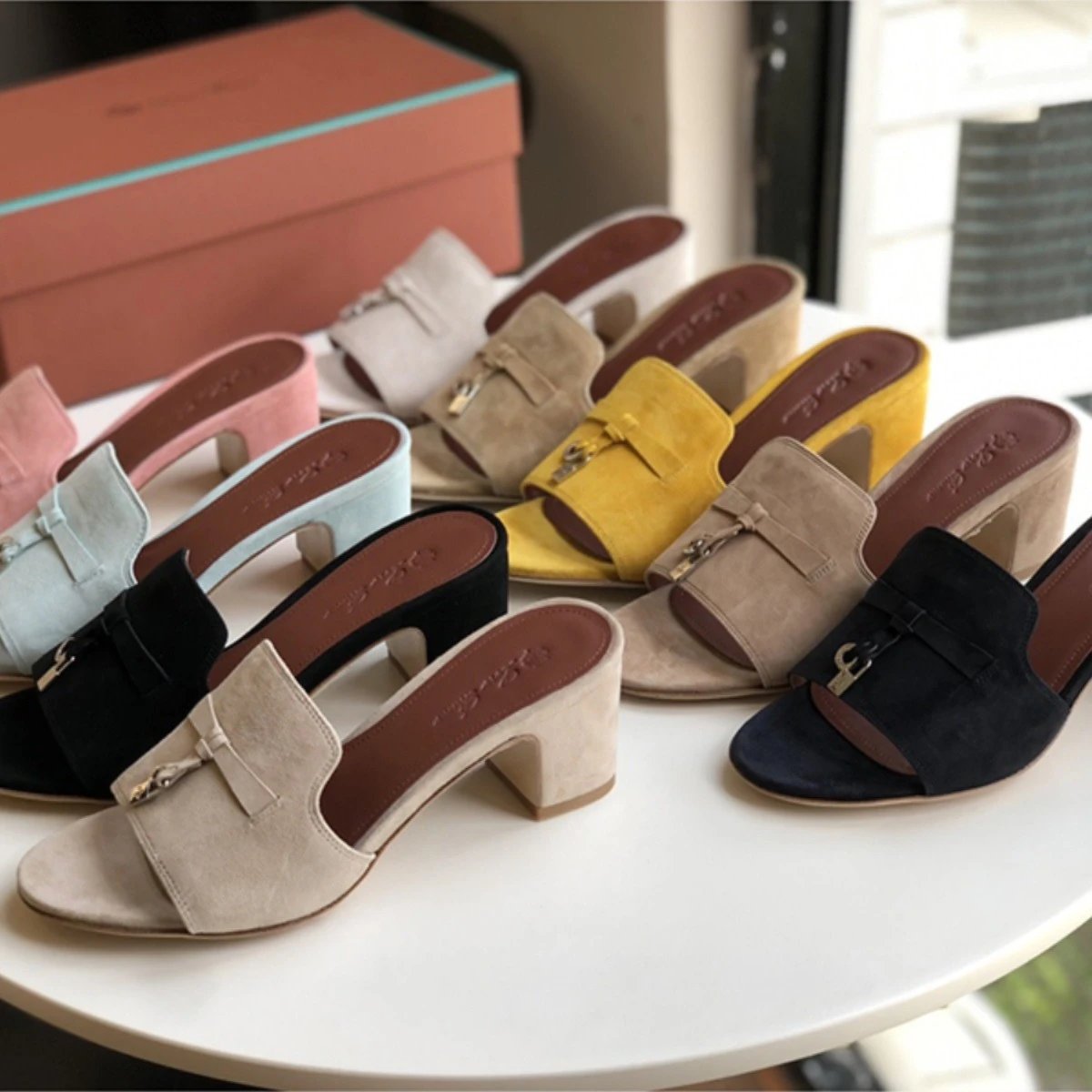 Suede Open Toe Heeled Mule Sandal with Padlock Hardware