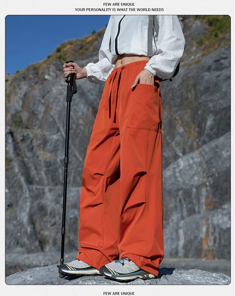 Women Wide Leg Cargo Hiking Pants with Drawstring Waist and Patch Pockets