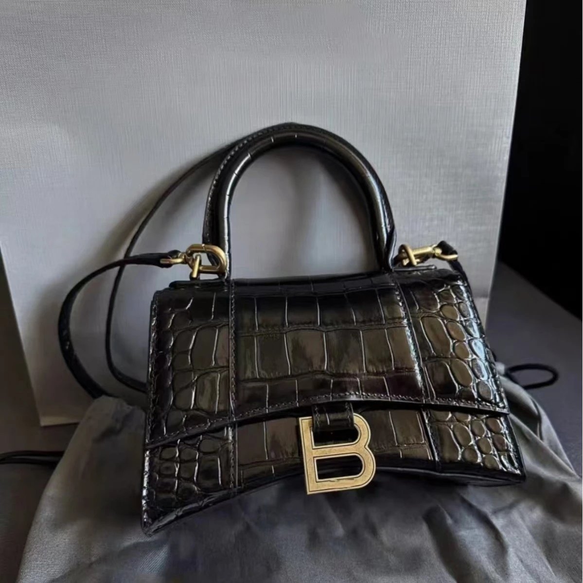 Balenciaga Hourglass Small Top Handle Bag Black Croc Embossed Leather
