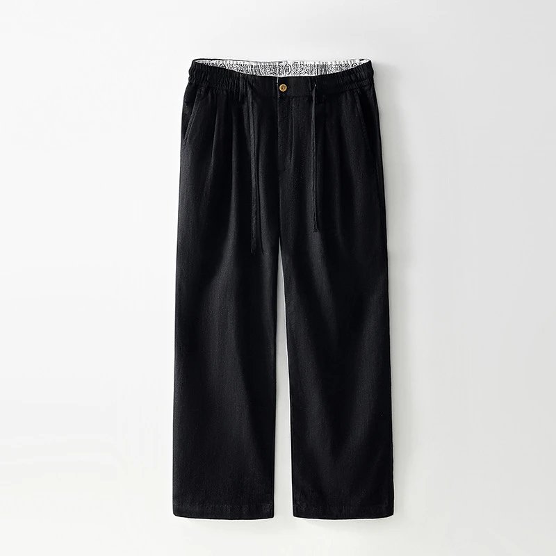 Men's Relaxed Fit Wide Leg Linen Blend Trousers with Elastic Waist