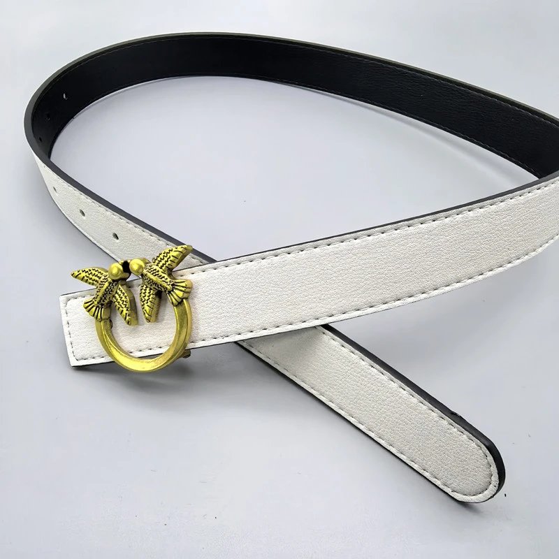 Women's Faux Leather Belt with Gold Tone Double Bird Buckle