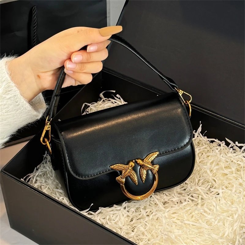 Pinko Mini Leather Shoulder Bag with Signature Swallow Birds Metal Ring Closure