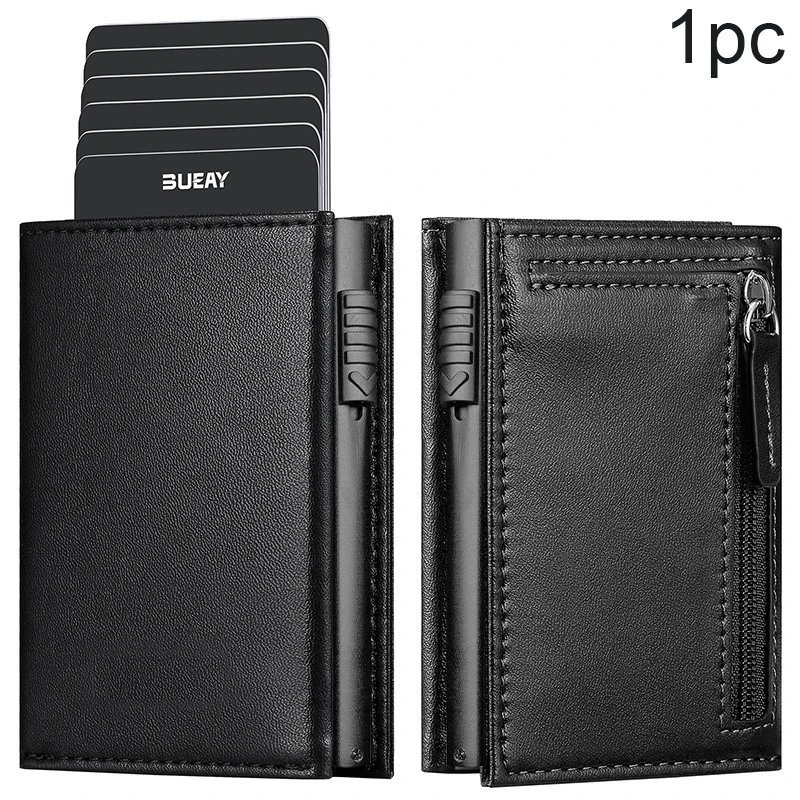 Men's Automatic Pop-Up Card Holder Wallet with Zipper Pocket
