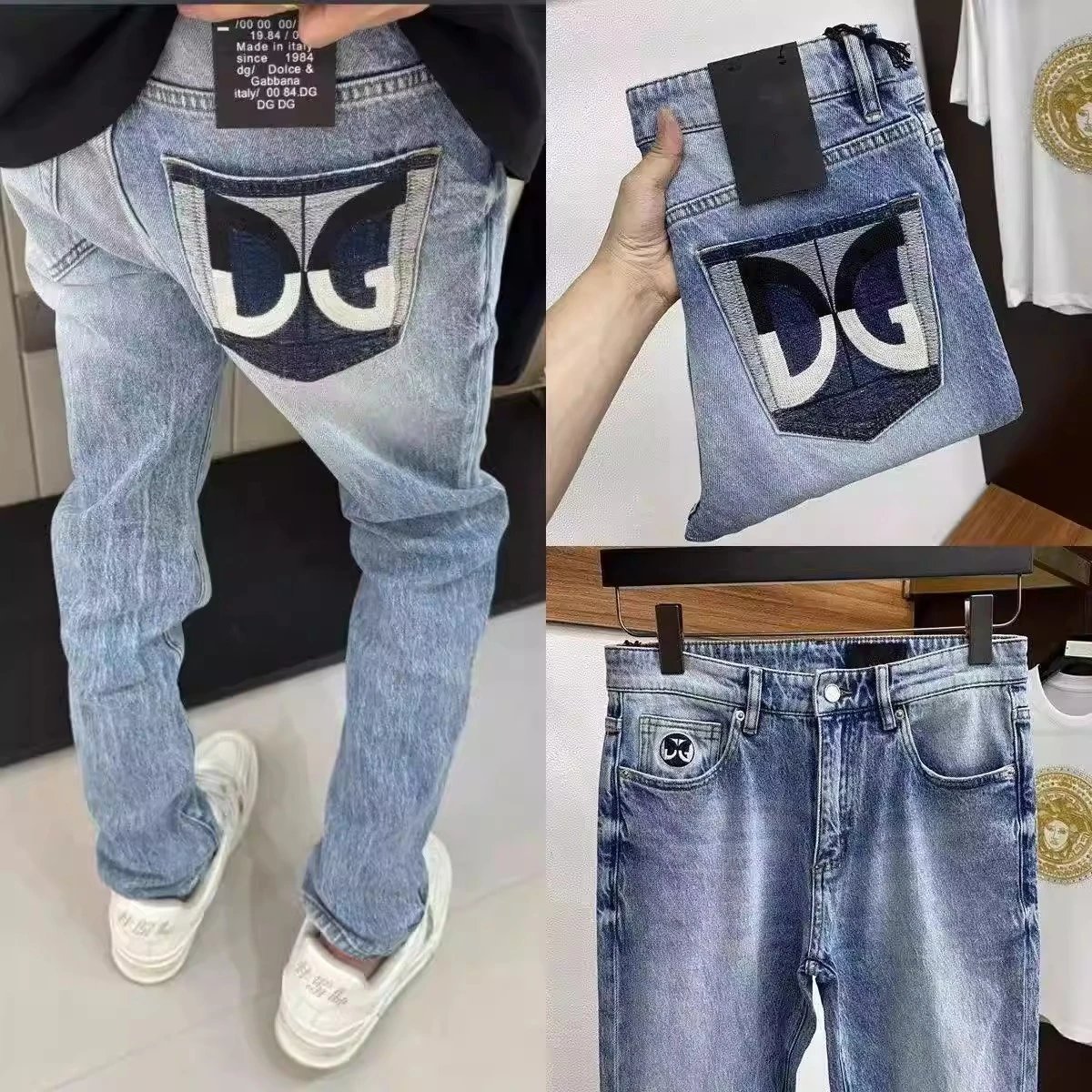 Dolce & Gabbana Light Blue Slim Fit Jeans with Large DG Back Pocket Patch