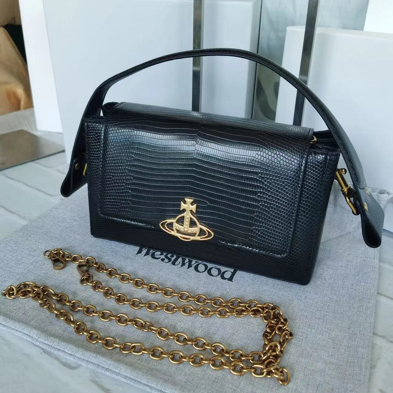 Vivienne Westwood Small Croc Embossed Flap Shoulder Bag with Orb Hardware