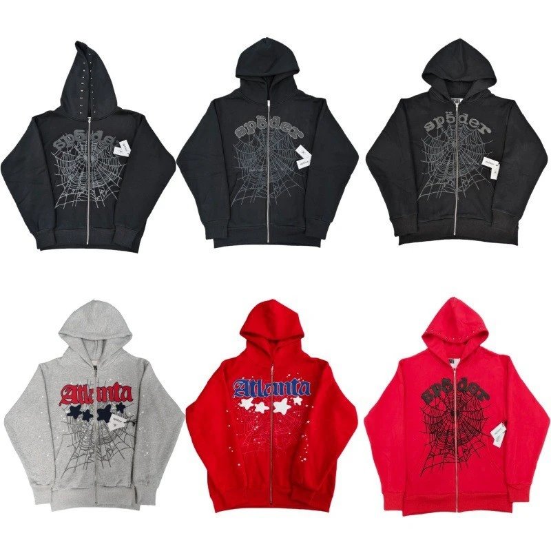 Sp5der Worldwide Graphic Zip-Up Hoodie with Spider Web Design