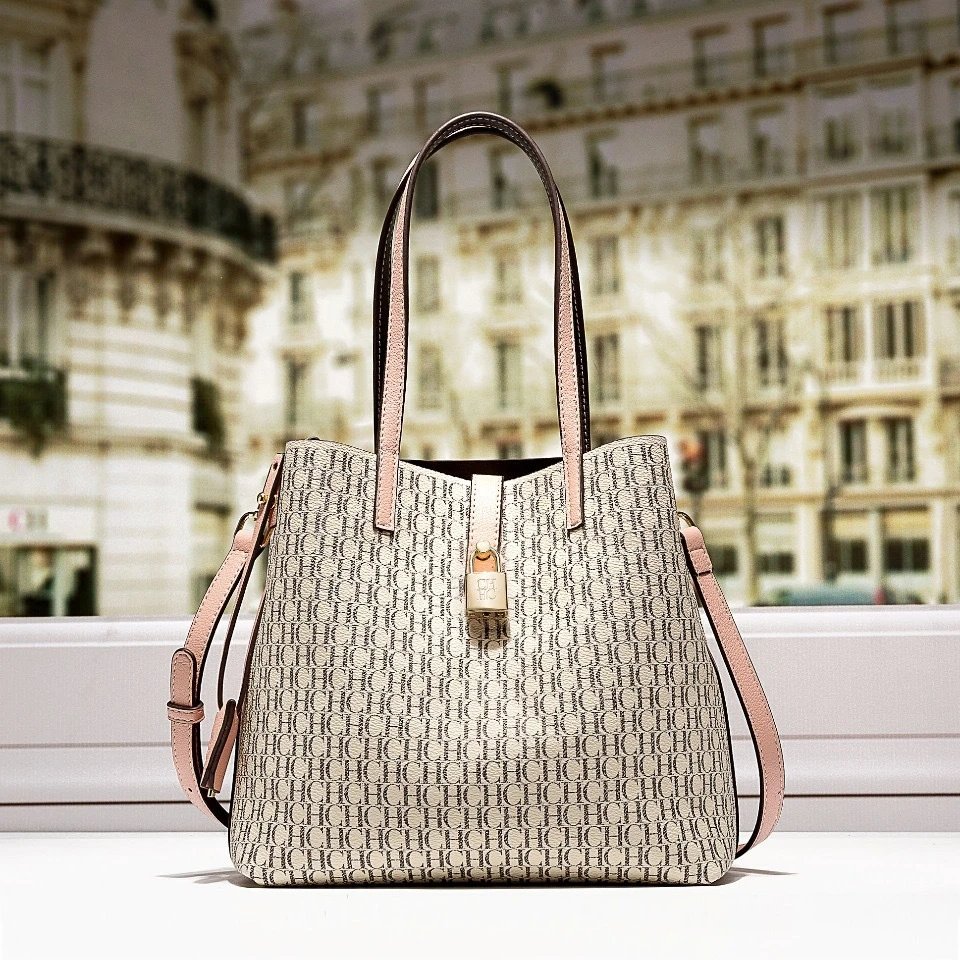 Beige Monogram Tote Bag with Gold Padlock Charm and Detachable Strap