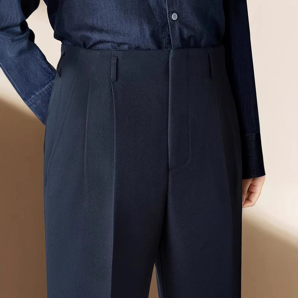Men's High-Waisted Double Pleated Straight Leg Trousers with Turned-Up Cuffs