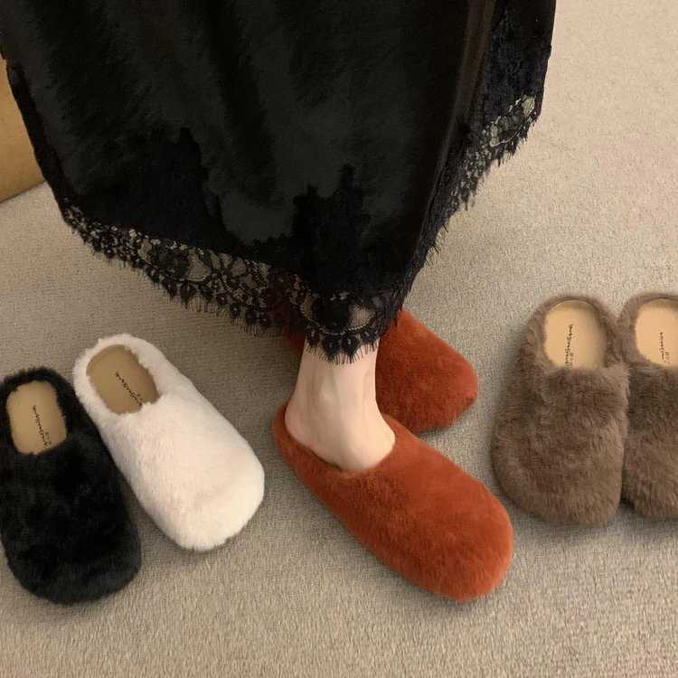 Women Fuzzy Faux Fur Square Toe Mule Slippers
