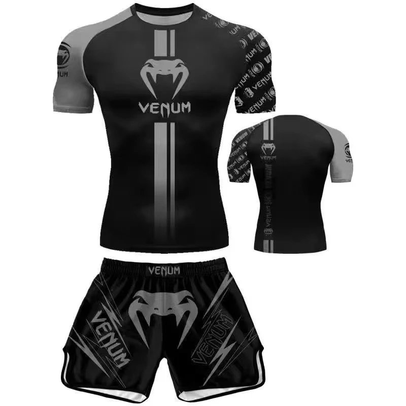 Venum Black and Grey Snake Logo MMA Rash Guard and Shorts Set