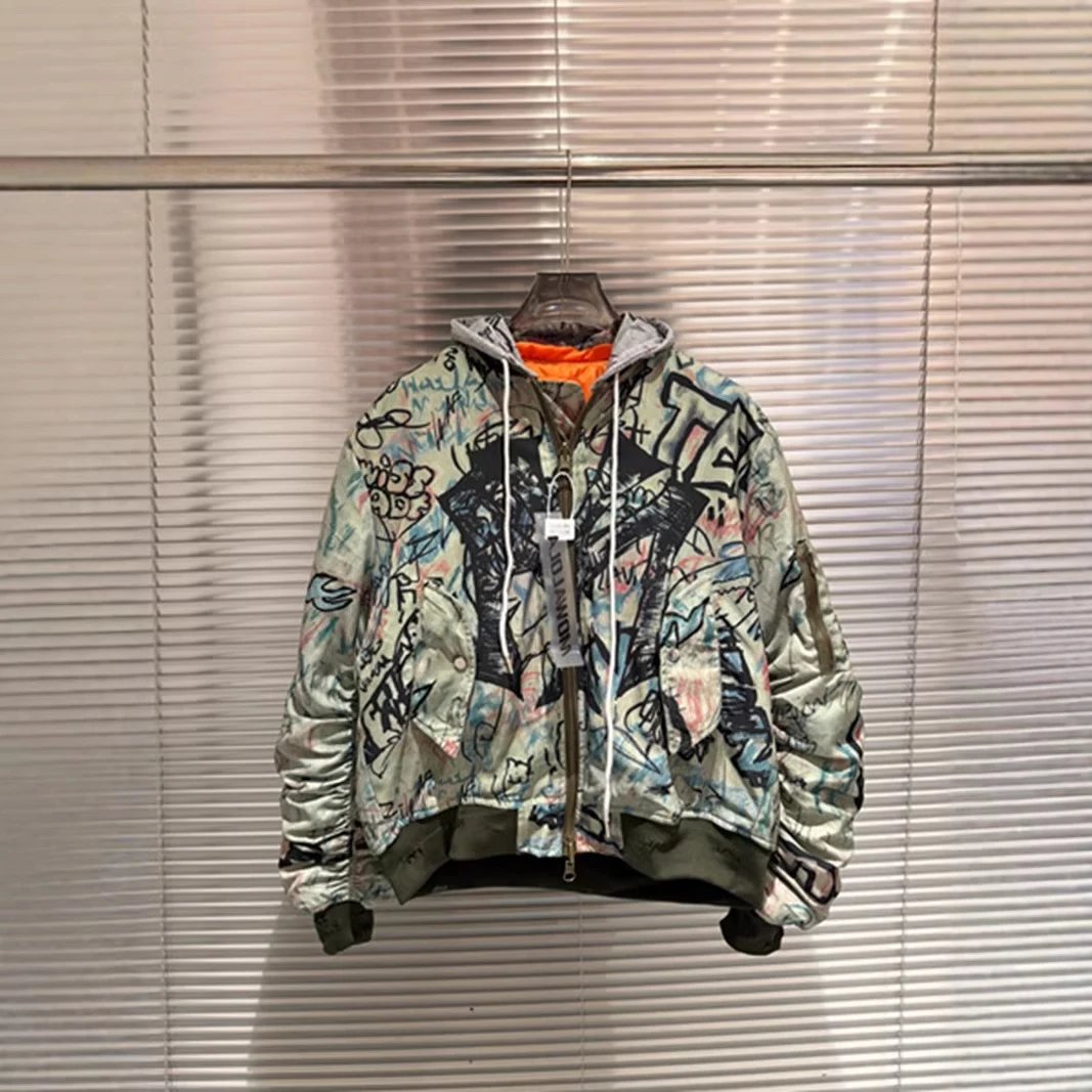 All-Over Graffiti Print Satin Zip-Up Hoodie