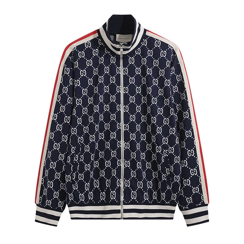 Navy Gucci GG Monogram Track Jacket with Red and White Stripes