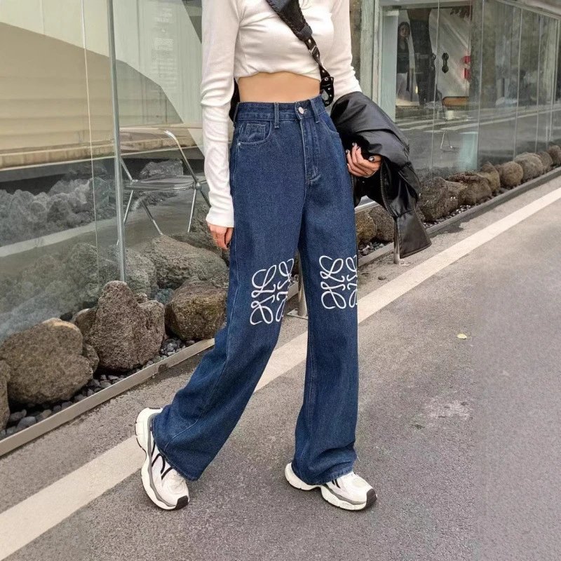 Loewe Wide-Leg Jeans with White Anagram Embroidery at Knees