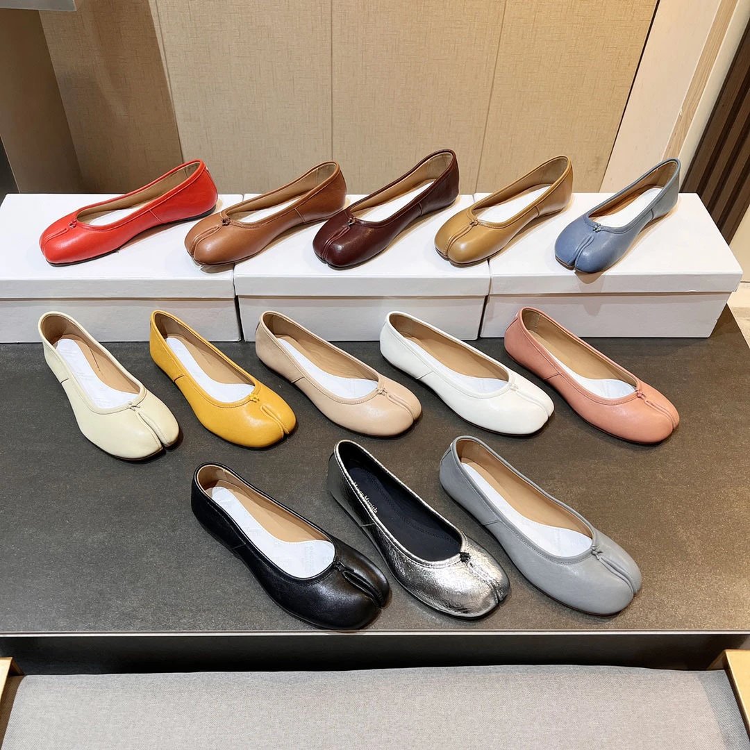 Women's Leather Tabi Ballet Flats with Split Toe and Metal Bead Detail
