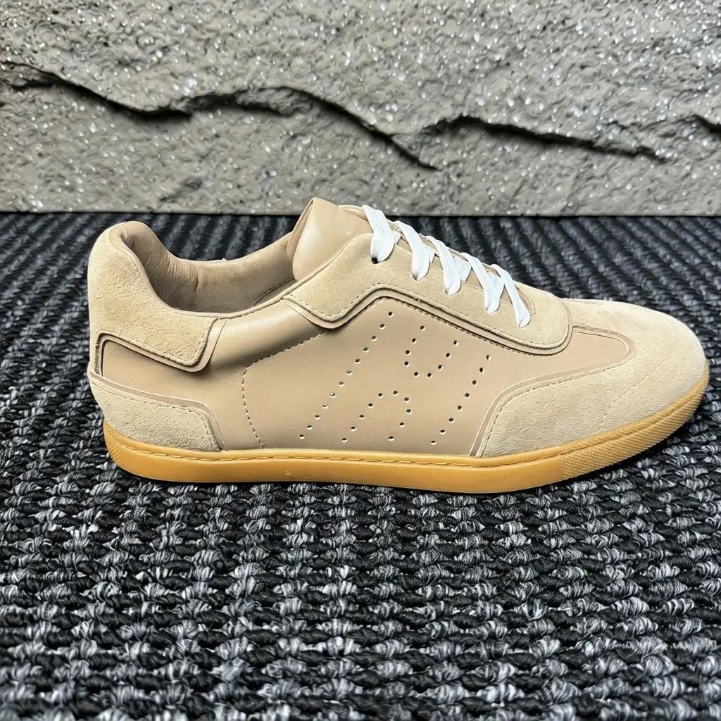 Men's Low Top Leather Sneaker with Perforated Side Panel and Suede Accents